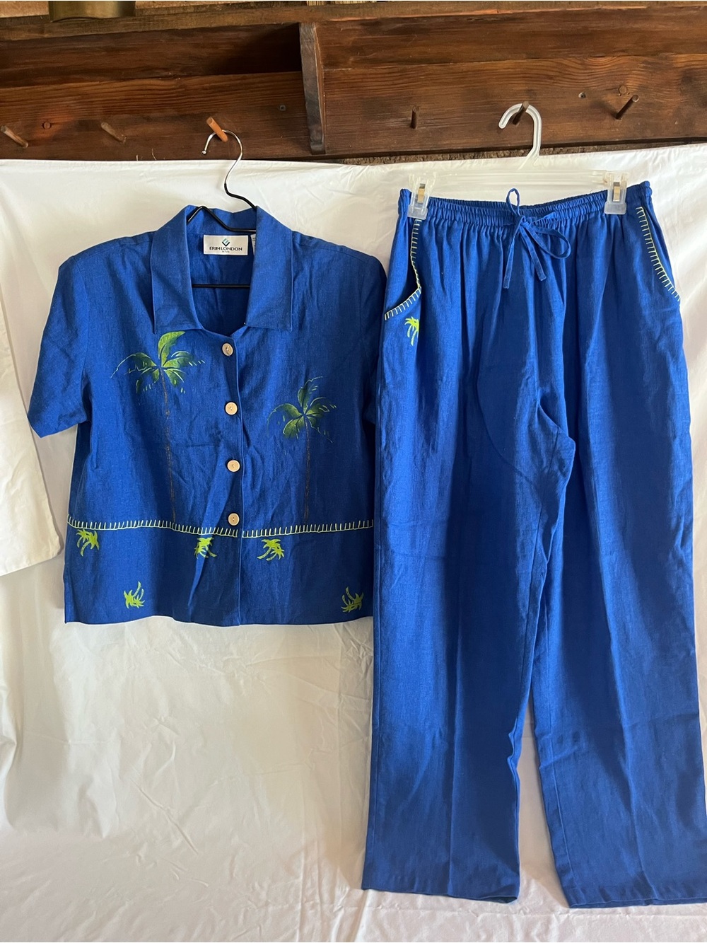 Blue Palm-Embroidered ladies pant/top set